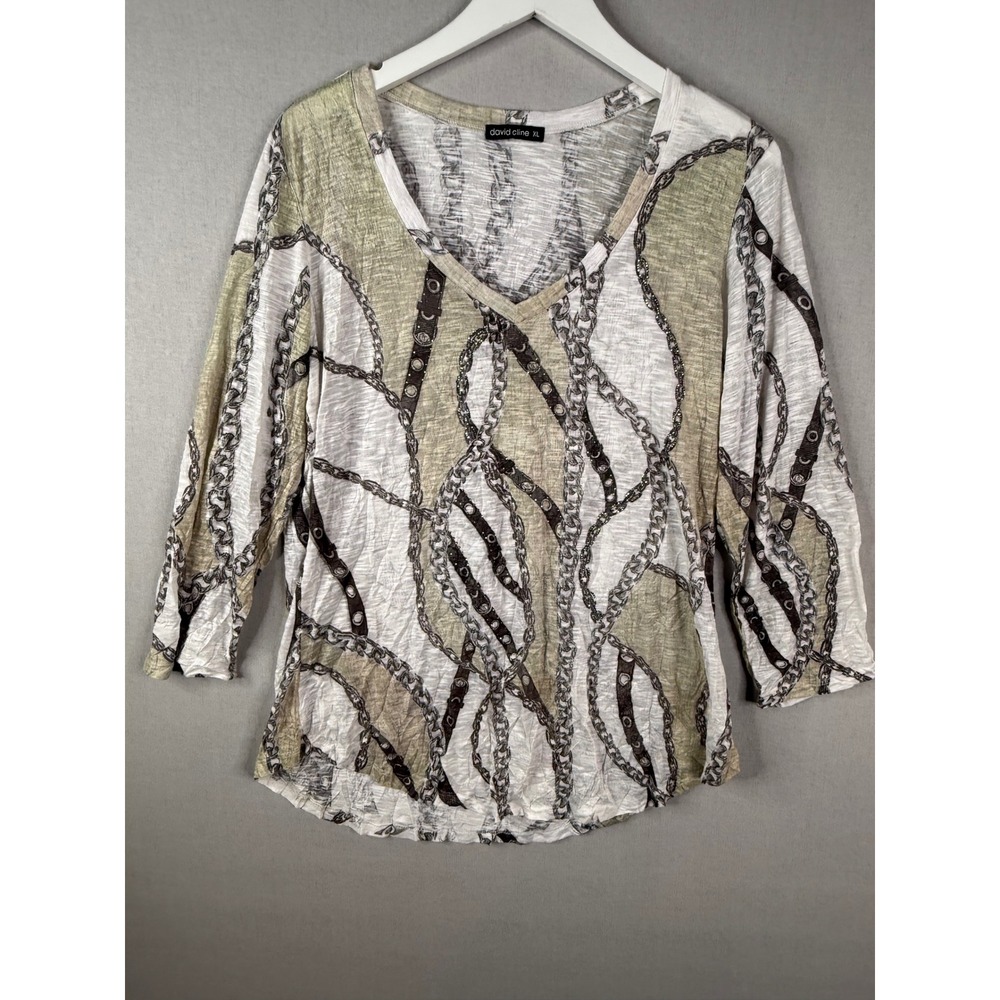 David Cline Crushed V-Neck Top Women XL Latte Chain Print Rhinestone 3/4 Sleeve